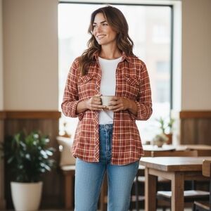 Columbia Womens Red Plaid Flannel Shirt Western Style Pearl Snap Front Outdoors